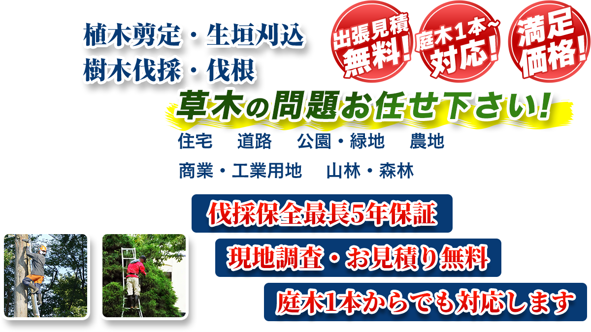 横浜市エリア即対応!! 出張無料! 庭木1本~対応! 満足価格! 植木剪定・生垣刈込 樹木伐採・伐根 草木の問題お任せ下さい! 住宅 道路 公園・緑地 農地 商業・工業用他 山林・森林 伐採保全最長5年保証 現地調査・お見積り無料 庭木1本からでも対応します